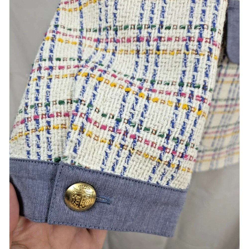 Talbots Tweed Jacket Blazer 16 Multicolor Plaid Gold Button Crop Long Sleeve - Picture 5 of 9